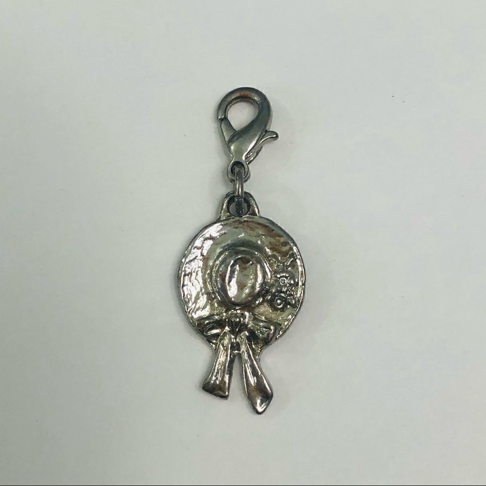 sun hat with bow dangle charm, silver‎ tone, lobster hook closure.